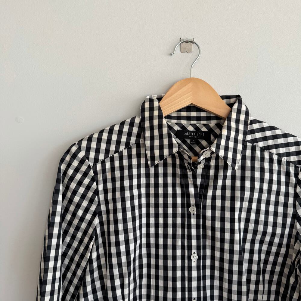 Lafayette 148 Gingham Pattern Long Sleeve Button Up Shirt Black White 6 - Picture 3 of 7